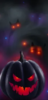 Spooky Halloween wallpaper with a glowing, eerie pumpkin face.