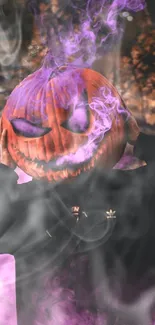 Eerie pumpkin head with purple smoke in a dark, mystical setting.