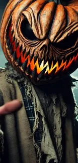 Creepy pumpkin-headed figure in eerie costume.