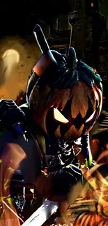 Pumpkin-headed knight in a spooky, dark landscape with a haunted castle.