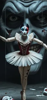 Eerie puppeteer and marionette in a theatrical scene.