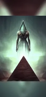 Eerie pyramid-headed figure on a mystical backdrop phone wallpaper.