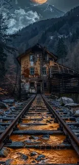 Abandoned house by a railway at dusk with a moonlit mountain backdrop.