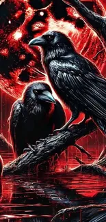 Ravens perched under a blood red moon with reflections on water.