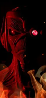 Eerie red cyborg with glowing eye on dark background.