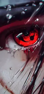 Close-up of a red anime eye, dark and mysterious.