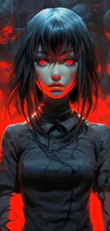 Mystic girl with red eyes in dark, eerie background wallpaper.