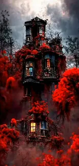 Mysterious red castle in an eerie forest setting.