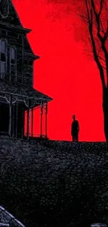 Illustration of a gothic house silhouette with red sky.