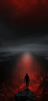 Eerie silhouette in a dark red landscape.