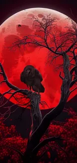 Gothic raven perched under a vivid red full moon.