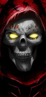 Sinister skull with glowing eyes on a red background.