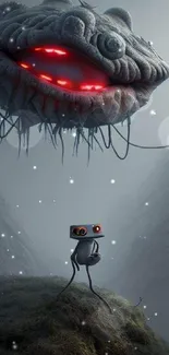 Robot faces glowing creature in a misty fantasy scene.