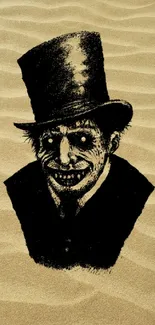 Eerie sand drawing of a dark figure in a top hat on a textured desert background.