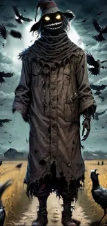 Spooky scarecrow with glowing eyes amid flying crows.