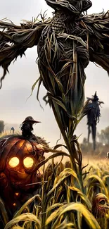 Scarecrow in misty field with glowing pumpkin.