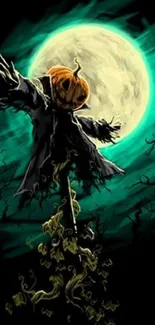 Scarecrow silhouette with glowing moon and eerie branches.