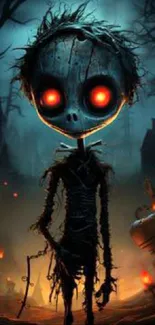 Spooky scarecrow with glowing red eyes in a dark forest setting.