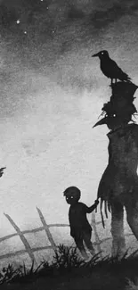 Silhouette of a scarecrow and child in a starry night landscape.