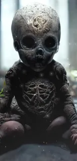 Eerie skeleton baby art on a dark background.