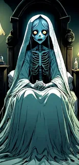 Eerie skeleton bride with haunting glow in gothic room.