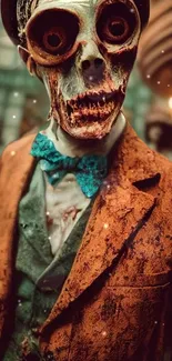 Skeleton costume art in a brown suit and bow tie.