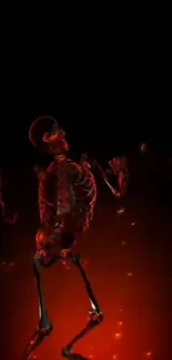 Eerie skeleton glows in red against a dark background.