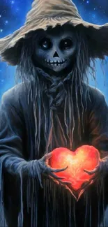 Skeleton holding a glowing heart in cosmic scene.