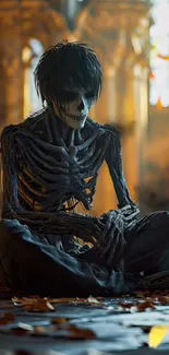 A gothic skeleton sitting in an atmospheric setting with fall leaves.