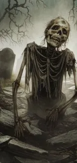 Creepy skeleton in eerie graveyard setting.