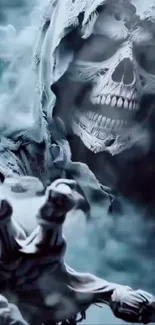 Skeleton cloaked in mist reaches forward.