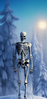 Skeleton amidst snowy winter forest landscape.