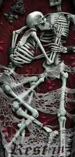 Romantic skeletons entwined in dark roses and cobwebs.