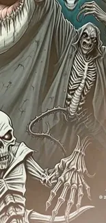 Skeletons with dark robes and eerie expressions on mobile wallpaper.