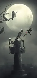 Skeletons silhouette under moonlit sky, with ravens perched on branches.