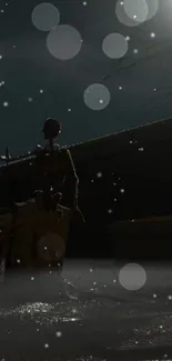 Eerie skeleton under moonlit night sky with floating light orbs.