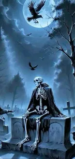 Eerie skeleton sitting in a graveyard with crows and moonlight.