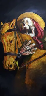 Skeleton rider on horse painting with dark and eerie colors.