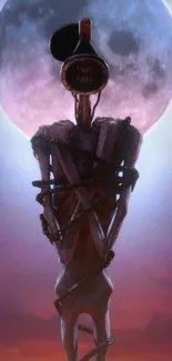 Skeleton silhouette with full moon, purple sky.