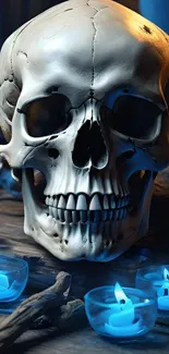 Skull surrounded by glowing blue candles on a dark background.