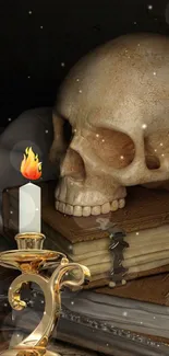 Spooky skull on books with candle flame.