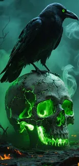 A raven perched on a glowing green skull with eerie smoke.
