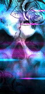 Eerie skull and roses wallpaper with neon blue hues.