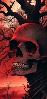 Skull entwined in a tree with red background, creating an eerie gothic scene.