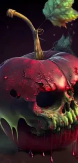 Eerie artwork with a skull-shaped apple glowing red.