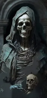 Eerie hooded skull design on a dark background wallpaper.