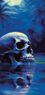 Skull reflecting in moonlit ocean with palm trees.