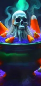 Spooky skull in cauldron with candy corn.