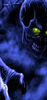 Eerie skull creature emitting a green glow in a dark blue setting.