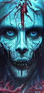 Haunting skull-faced figure in eerie blue tones, perfect for a chilling ambiance.